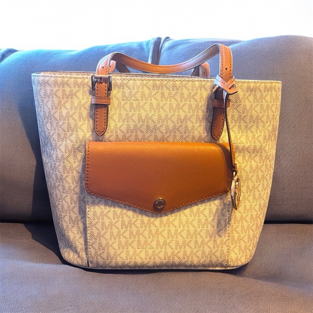 Michael Kors Beige Monogram Canvas Tote with Brown Trim